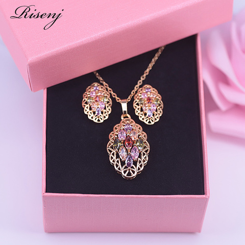 Marquise Top Zircon Colorful Crystal 18K Gold Jewelry Set For Women Stud Earrings Necklace Set Free Shipping ► Photo 1/6