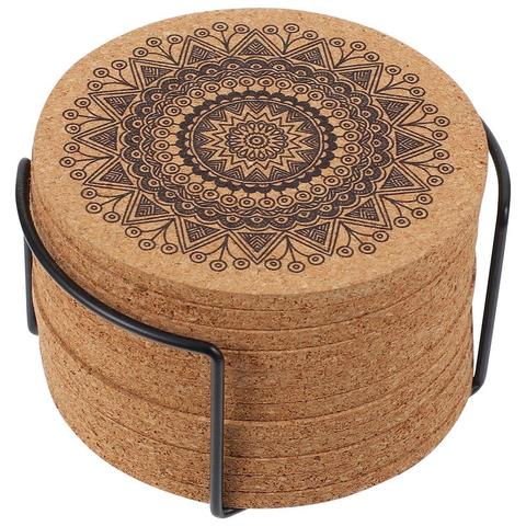 1 Set Creative Nordic Mandala Design Round Shape Wooden Coasters With Rack Nordic Mandala Round Cork Coaster ► Photo 1/6