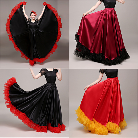 90cm Plus Size Gypsy Spanish Flamenco Skirt Lace Woman Girls Belly Dance Silk Satin Smooth Bullfight Performance Elastic Dress ► Photo 1/6