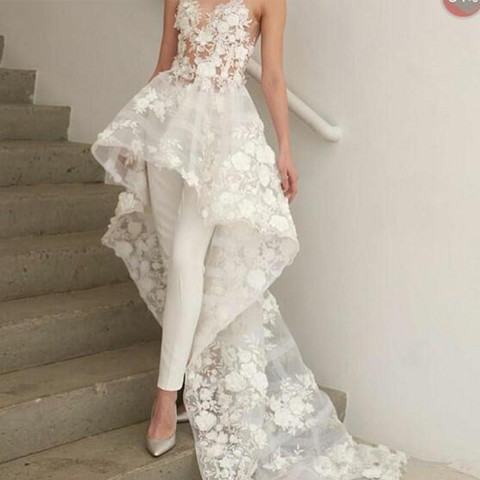 MYYBLE Sexy New Bohemian White Jumpsuits Wedding Dresses Long Train 2022Sweetheart Lace 3D Floral Appliques Bridal Gown No pants ► Photo 1/6