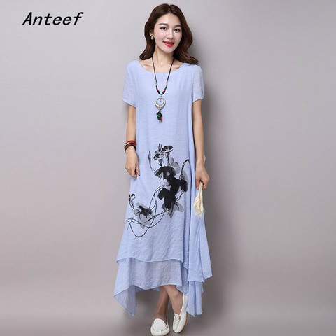 cotton linen plus size vintage floral print women casual loose midi summer dress elegant clothes 2022  ladies dresses sundress ► Photo 1/6