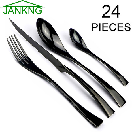 JANKNG 24-Pcs Black Dinnerware 18/10 Stainless Steel Flatware Set Steak Knife Fork Spoon Teaspoon Cutlery Set Food Tableware ► Photo 1/6