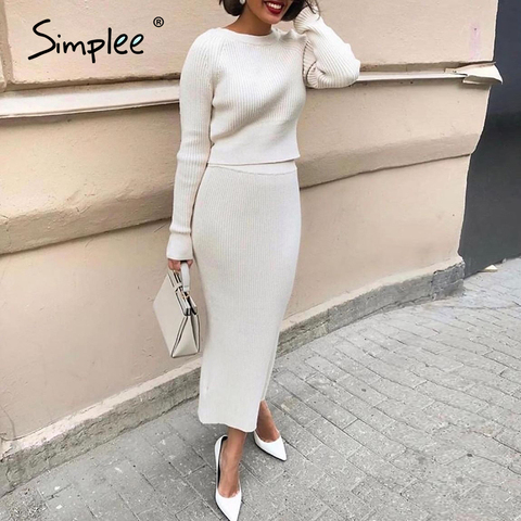 Simplee Elegant stripe two piece dress White round neck knit dress High waist street style Autumn winter dress two piece set ► Photo 1/6