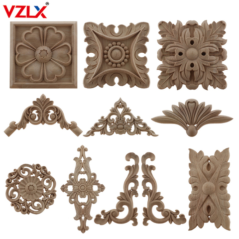VZLX Wood Applique Onlay Decal Figurines Wooden Carved Decor Unpainted Large Crown Leaves Oval Flower Furniture Doors Home ► Photo 1/6