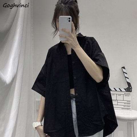 Blouses Women Short Sleeve Solid Harajuku Loose Vintage Womens Shirts Tops All-match BF Oversize Summer All-match Chic Stylish ► Photo 1/6