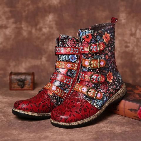 Women Boot Retro Printed Metal Buckle Leather Boots Women Zipper Mid Calf  Boots Fashion Ladies Shoes Female Botines Mujer 2022 ► Photo 1/6