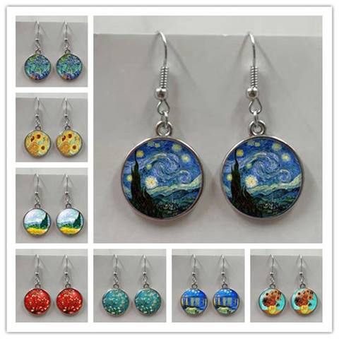 Van Gogh Painting Ear Studs Starry Night Ear Studs Van Gogh Sunflower Round Jewelry Glass Dome Earrings ► Photo 1/5