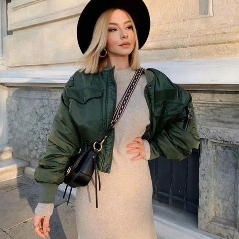 2022 stylish lady autumn winter za green short jackets women fashion long sleeve zipper bomber jacket outwear women's coat ► Photo 1/6