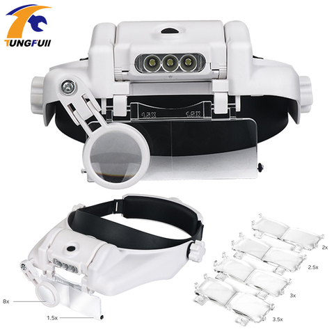 LED Light Headband Magnifier Glass Magnifying Glasses With Lamp Jewelry Appraisal 10x 15x 20x 25x Adjustable Lens Loupe ► Photo 1/6
