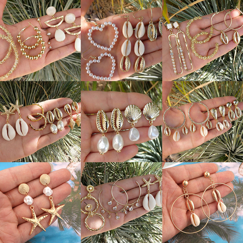 Tocona Elegant Gold Beach Shell Starfish Love Heart Pearl Dangle Earrings for Women Ethnic Jewelry Boho Drop Earring Set ► Photo 1/6