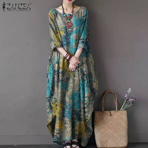 Vintage Women Sundress ZANZEA Casual Long Sleeve Printed Maxi Long Dress Kaftan Female Baggy Floral Vestidos Plus Size Dresses ► Photo 1/1