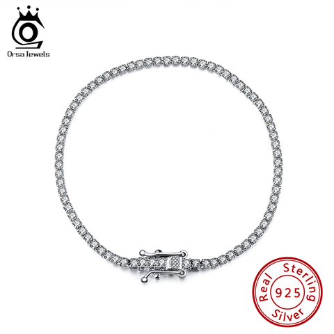 ORSA JEWELS Authentic 925 Sterling Silver Tennis Bracelets Pave Clear Cubic Zircon Silver Bangle Girls Party Jewelry Chain SB61 ► Photo 1/6