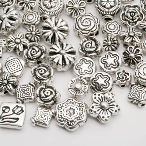 (70-80 pcs)Mix Size Metal Beads Silver Plated Flower Spacer Beads For Jewelry Making DIY Bracelet 4.8mm-10mm Hole ► Photo 1/4