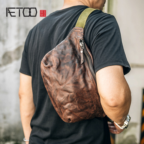AETOO Head-layer Cow purse handmade retro wrinkled leather crossbody bag trend casual chest bag sports bag ► Photo 1/6