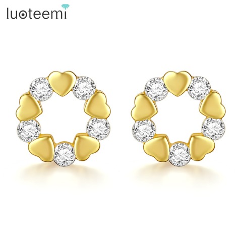 LUOTEEMI Cute Golden Heart Stud Earrings for Woman Wedding Dating Elegant Shiny CZ Stone Female Aretes De Mujer Christmas Gift ► Photo 1/6