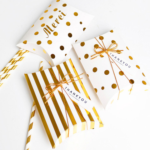 5pcs Paper Gift Box Pillow Shape Box Golden Striped Dots Paper Box Bag Merci Thank You Candy Box Wedding Packaging Kid Party ► Photo 1/6