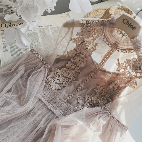 2022 New Women Fashion Dress Stand Collar Lantern Sleeve Mesh Dress See-through Lace Embroidery Fairy Dress Femme Vestidos Robe ► Photo 1/6