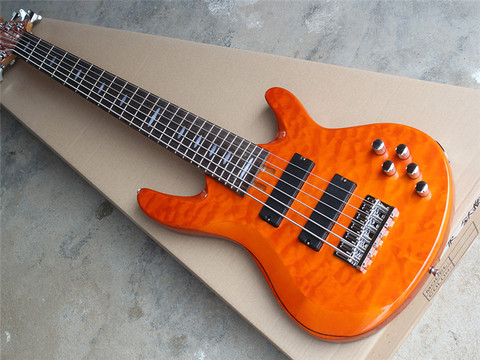 6 Strings Orange body Electric Bass Guitar with 2 Black Active Pickups,Flame Maple Veneer,Chrome Hardware,offer customized ► Photo 1/6
