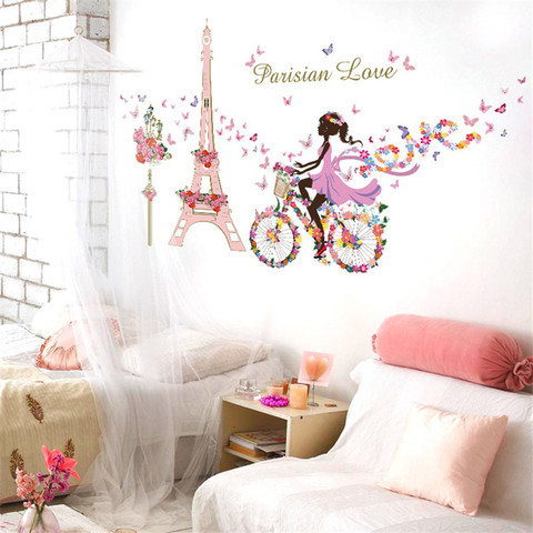 Romantic Paris Wall Sticker For Kids Rooms Eiffel Tower Flower Butterfly Fairy Girl Riding Wall Art Decal Home Decor Mural ► Photo 1/6