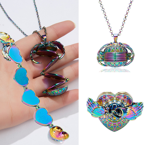 Round Heart Shaped Floating Locket Necklace Rainbow Magic 4 Photo Pendant Angel Wings Flash Album Box Necklaces Jewelry Gift ► Photo 1/6