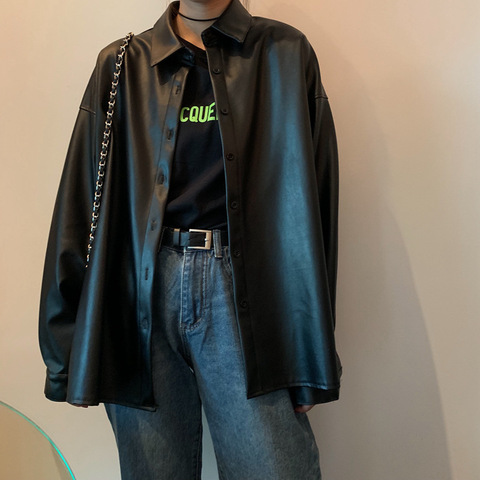 New Women oversized PU leather blouses 2022 Autumn Winter Black Faux Leather Basic Coat Turn-down Collar Motor Biker Jacket ► Photo 1/6