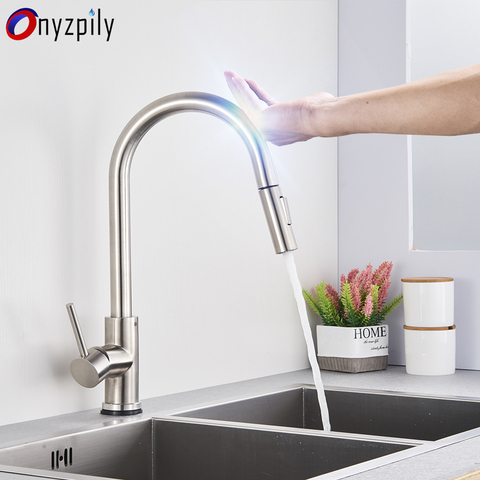 Brushed Smart Touch On Kitchen Faucet Sensor 360 Rotation Pull Out Single Handle Mixer Tap Two Water Modes Sink Crane Hot Cold ► Photo 1/6