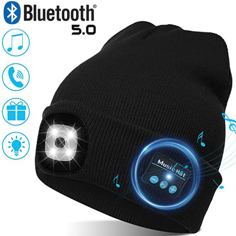 Warm Beanie Bluetooth 5.0 LED Hat Wireless Stereo Headset Music Player with MIC for Handsfree Support Dimming Rechargeable ► Photo 1/6