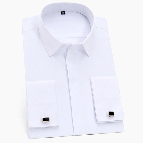 Men's Classic French Cuffs Solid Dress Shirt Covered Placket Formal Business Standard-fit Long Sleeve Office Work White Shirts ► Photo 1/6