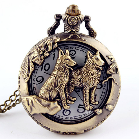Retro Bronze Wolf Hollow Design Quartz Pocket Watch Mens Women Necklace Pendant FOB Chain Steampunk Pocket Watches Dropshipping ► Photo 1/6