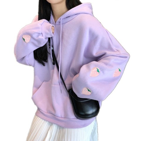 Harajuku Strawberry Embroidery Lavender Pink Sweatshirt Autumn Winter Women Kawaii Loose Long Sleeves Tops Oversized Hoodies XXL ► Photo 1/6