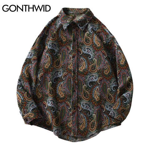 GONTHWID Knitted Shirts Harajuku Bandana Paisley Pattern Flowers Button Shirt Hip Hop Casual Long Sleeve Streetwear Tops Coats ► Photo 1/6