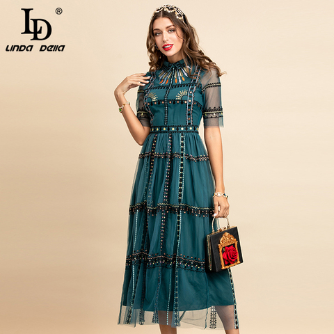 LD LINDA DELLA New 2022 Summer Fashion Runway Vintage Dress Women Half Sleeve Overlay Mesh Embroidery Elegant Long Dresses ► Photo 1/6