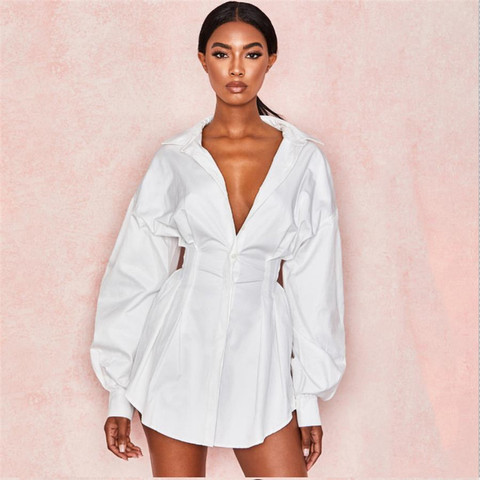 Women Shirts Dress Office Lady Long Puff Sleeve V-Neck High Waist Mini Dress Solid White Black Defined Waist Shirt Tunic Dress ► Photo 1/6