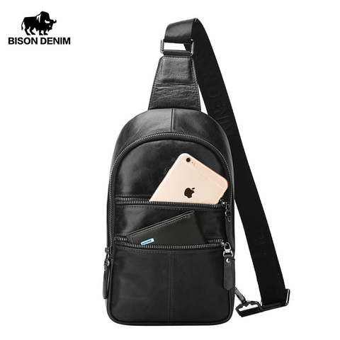 BISON DENIM Men's Genuine Leather Chest Bags Men Multifunctional Shoulder Messenger Bags Male Sling Pack Crossbody Bag W2445 ► Photo 1/6