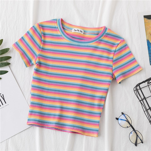 New T Shirt Women Rainbow Striped Tops Slim Fit t shirt Harajuku Tshirt Summer Short Sleeve Korean T-shirt feminina Clothes Tops ► Photo 1/6