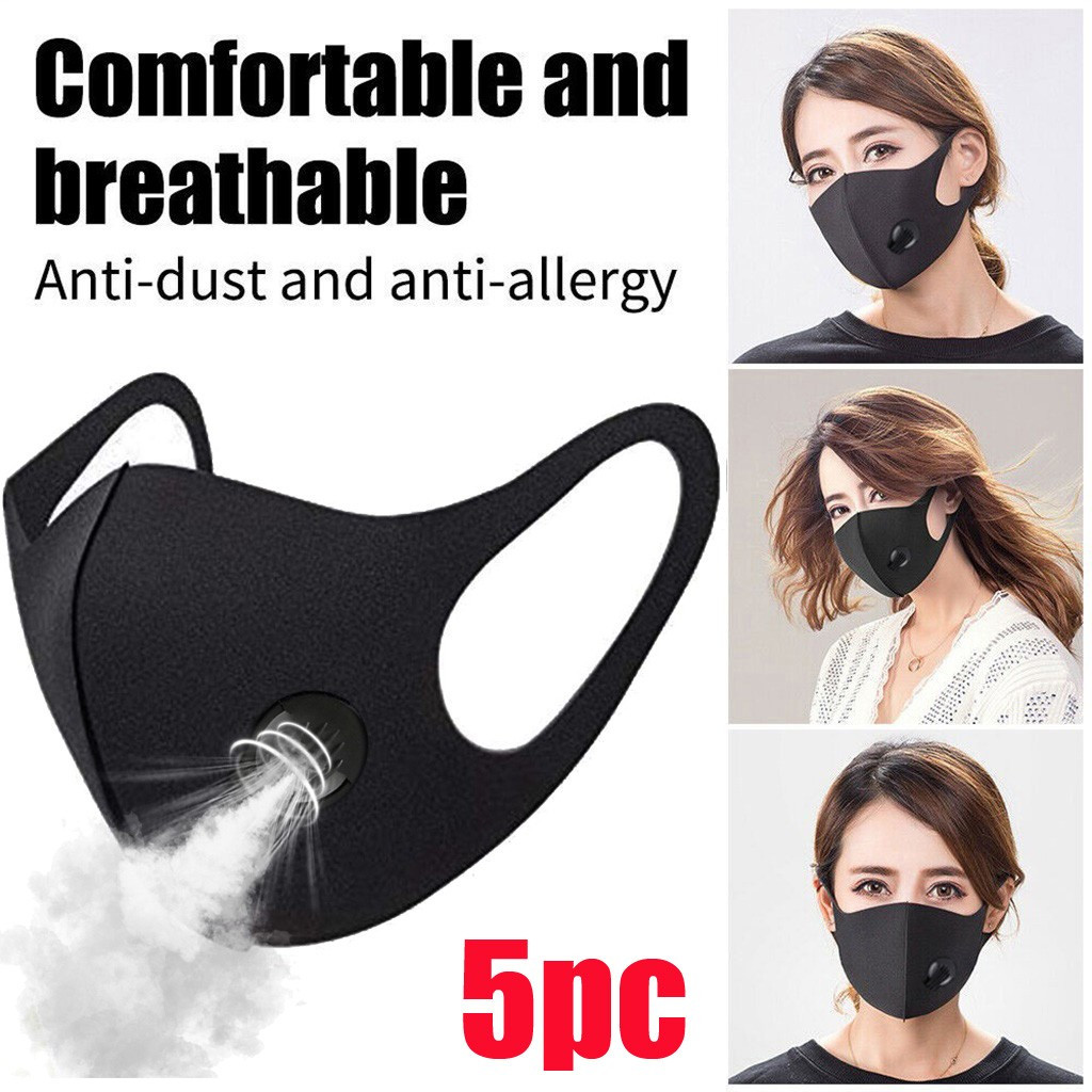 5PC Reusable Face Mask Washable With Breathing Valves & Activated Carbon Filters 