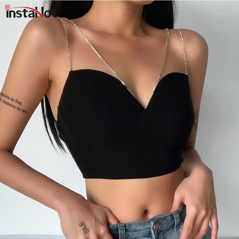 InstaHot Sexy Spaghetti Strap Cami Slim Cropped Top Women Summer Casual Backless Skinny Black Streetwear Sleeveless Camisole ► Photo 1/6