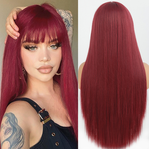 Long Straight Wine Red Wig With Bangs Synthetic Hair Wigs Bang With Wig For Women Wine Red Heat Resistant Wigs ► Photo 1/6