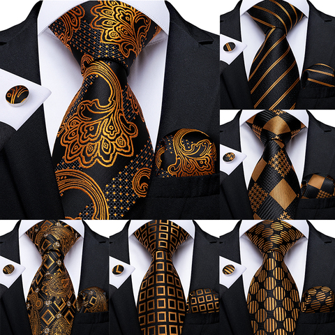 Gift Men Tie Gold Black Striped Paisley Silk Wedding Tie For Men DiBanGu Design Hanky Cufflink Quality Men Tie Set Dropshipping ► Photo 1/6