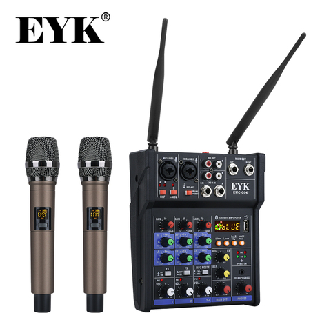 EYK Stereo Audio Mixer Build-in UHF Wireless Mics 4 Channels Mixing Console with Bluetooth USB Effect for DJ Karaoke PC Guitar ► Photo 1/6