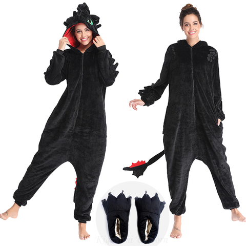 Toothless Dragon Kigurumis Unicorn Black Onesie Adult Unisex Flannel Pajama Anime Train Your Night Fury Sleepwear Home Zipper ► Photo 1/6