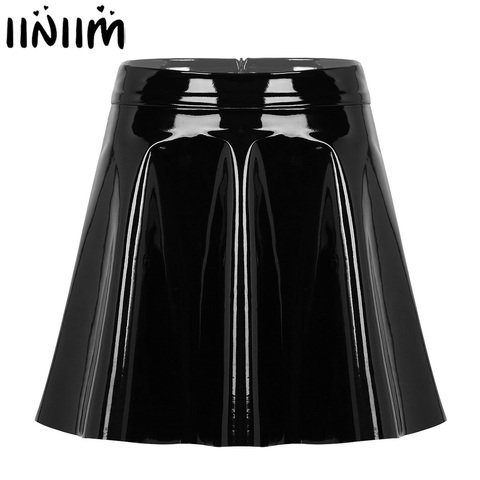 Womens Wetlook Mini Clubwear Sexy Pole Dance Costumes Leather High Waist Fashion Flared Pleated A-Line Circle Mini Skater Skirt ► Photo 1/6