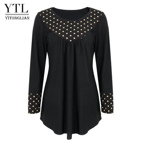 Yitonglian Women 2022 New Retro Polka Dot Round Neck Long Sleeve Black Blouse Plus Size Casual Loose Tunic Tops H422 ► Photo 1/6