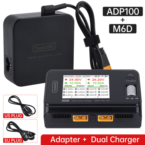 In Stock ToolkitRC M6D 15A x 2 DC Dual-channel Output 1-6s Charger Discharger and ADP100 100w 20v 5A Power Supply Unit Set Sell ► Photo 1/6