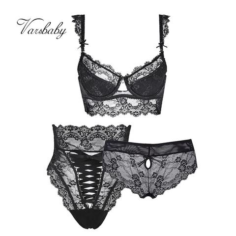 Varsbaby 3Pcs Women Sexy Plus Size Push Up Underwear  Comfortable Bra+High-Waist Panty +Panty Lingerie Set ► Photo 1/6