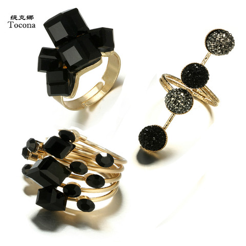 Tocona Vintage Antique Gold Black Rhinestone Opening Knuckle Finger Midi Rings Set for Women Punk Statement Jewelry бижутерия ► Photo 1/6