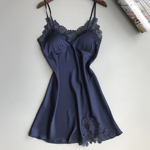 Women Nightgowns Satin Lace Sexy Lingerie Summer V-neck Sleeveless Night Dress Sleepwear Dress Chest Pad Nightgown ► Photo 1/6