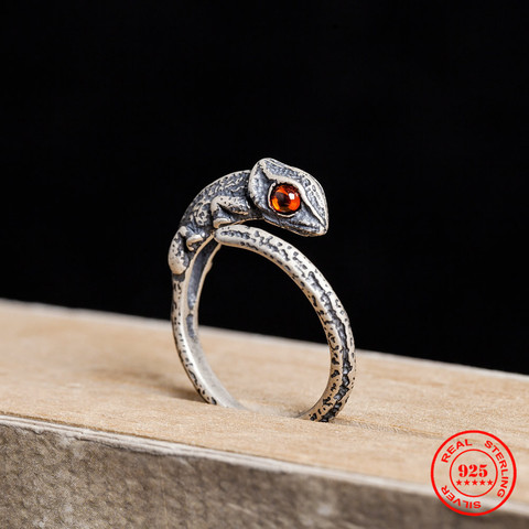 MKENDN Vintage 100% 925 Sterling Silver Chameleon Ring With Red Eyes For Men and Women Gothic Street Hip Hop Punk Jewelry ► Photo 1/6