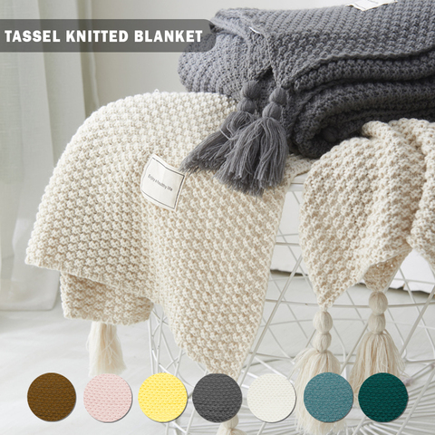 Knitted Blanket Crochet Scarf Shawl Portable Warm Knitted Blanket For Bed Sofa Throw Blanket with Tassels Blankets TT08# ► Photo 1/6