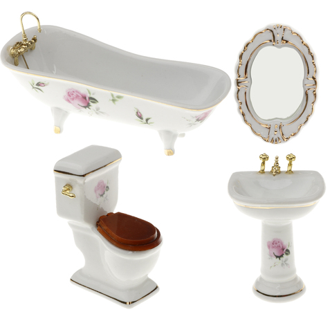 1/12 Dollhouse Mini Furniture Ceramic Bathroom Set Toilet Bathtub & Sink #5 ► Photo 1/6